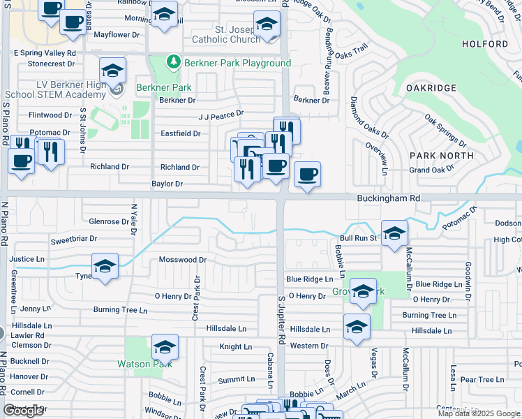 map of restaurants, bars, coffee shops, grocery stores, and more near in Garland