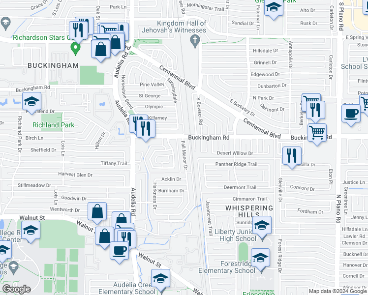 map of restaurants, bars, coffee shops, grocery stores, and more near 13347 Fall Manor Drive in Dallas