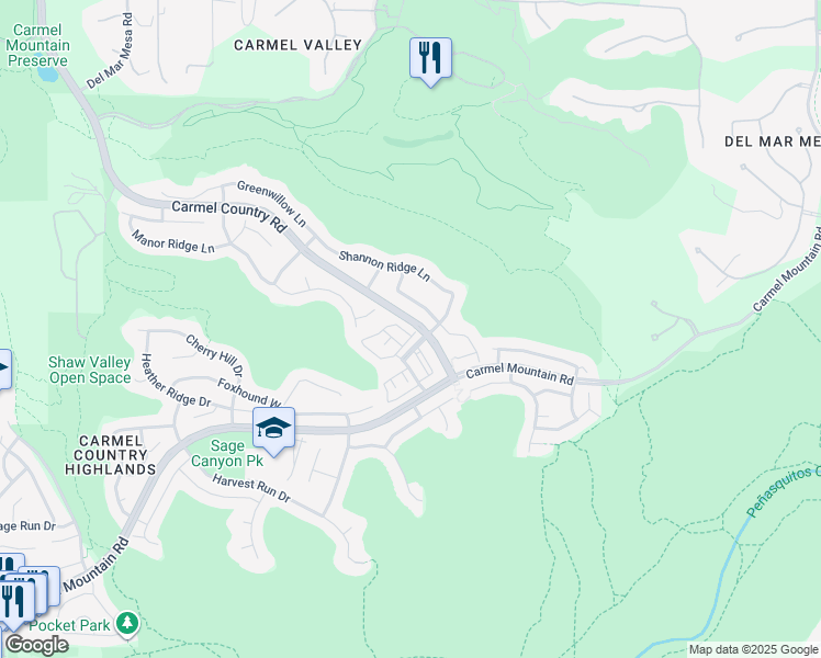 map of restaurants, bars, coffee shops, grocery stores, and more near 10785 New Grove Trail in San Diego