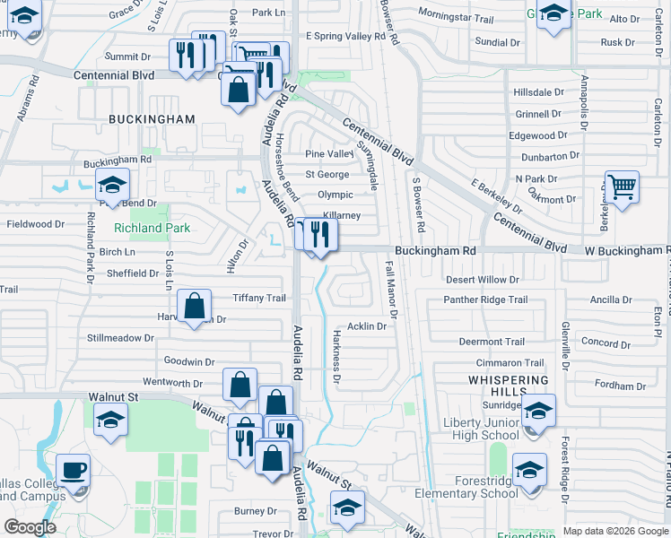 map of restaurants, bars, coffee shops, grocery stores, and more near 9930 Buckingham Road in Dallas