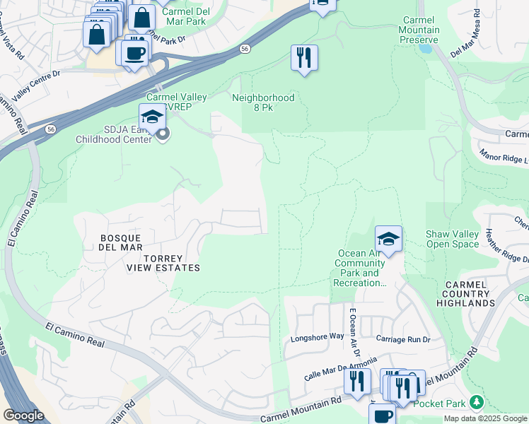 map of restaurants, bars, coffee shops, grocery stores, and more near 11649 Thistle Hill Place in San Diego