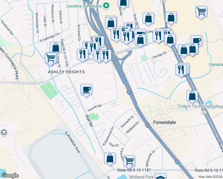 map of restaurants, bars, coffee shops, grocery stores, and more near 7251 Mazyck Road in North Charleston