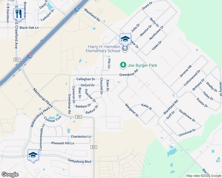map of restaurants, bars, coffee shops, grocery stores, and more near 313 Chamberlain Drive in Royse City