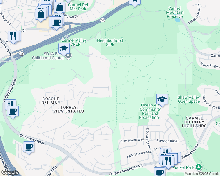 map of restaurants, bars, coffee shops, grocery stores, and more near 11649 Thistle Hill Place in San Diego
