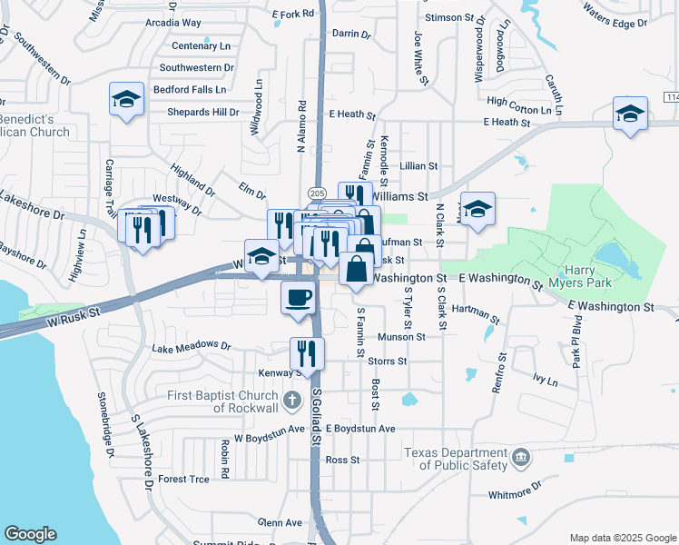 map of restaurants, bars, coffee shops, grocery stores, and more near 212 East Rusk Street in Rockwall