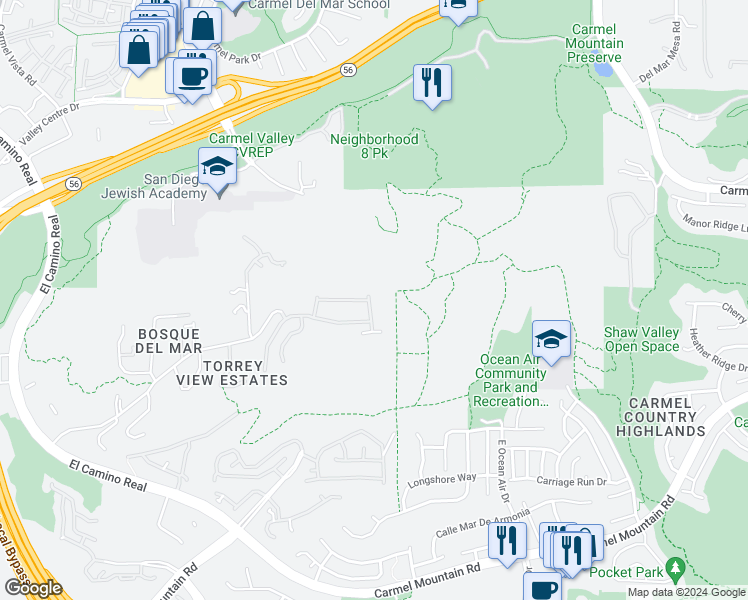 map of restaurants, bars, coffee shops, grocery stores, and more near 11649 Thistle Hill Place in San Diego
