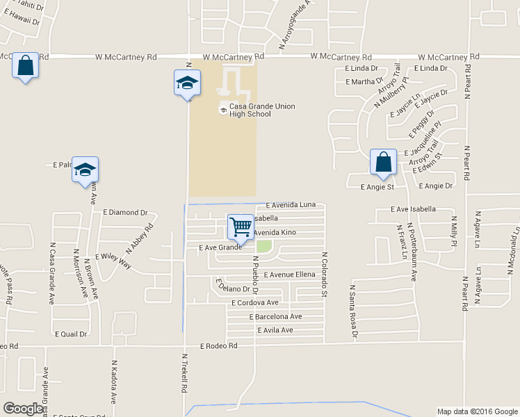 map of restaurants, bars, coffee shops, grocery stores, and more near 1201 East Avenida Luna in Casa Grande