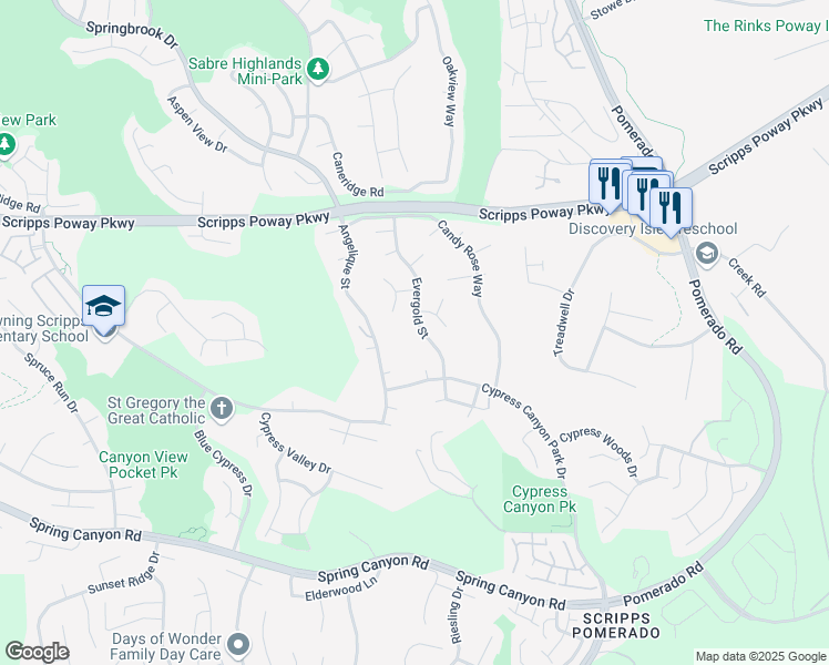 map of restaurants, bars, coffee shops, grocery stores, and more near 11640 Evergold Street in San Diego