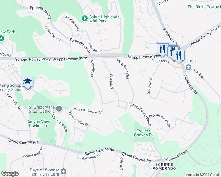 map of restaurants, bars, coffee shops, grocery stores, and more near 11640 Evergold Street in San Diego
