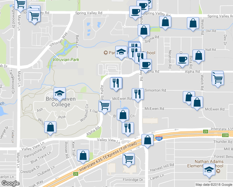 map of restaurants, bars, coffee shops, grocery stores, and more near 4099 McEwen Road in Dallas