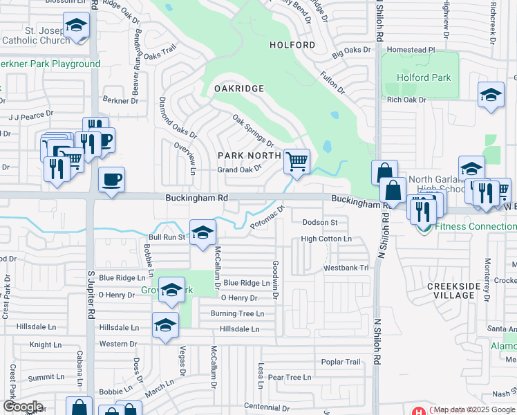 map of restaurants, bars, coffee shops, grocery stores, and more near 2914 Waterfront Drive in Garland