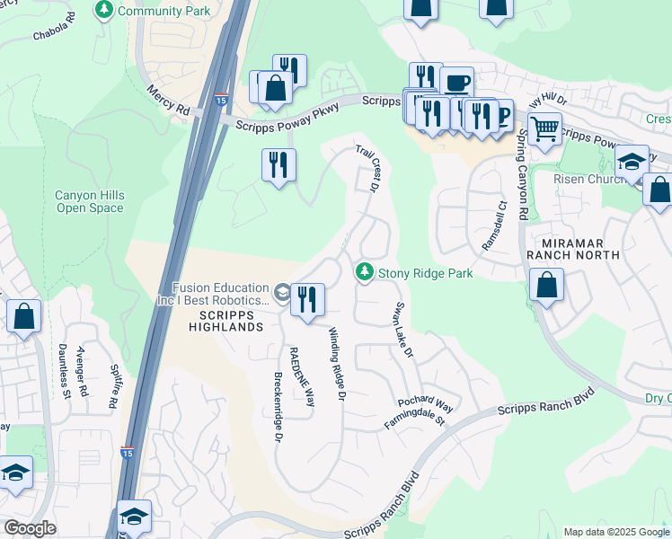 map of restaurants, bars, coffee shops, grocery stores, and more near 11688 Winding Ridge Drive in San Diego