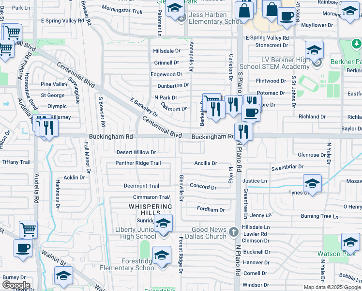 map of restaurants, bars, coffee shops, grocery stores, and more near 1710 Place One Lane in Garland