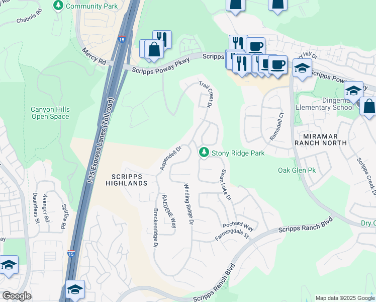 map of restaurants, bars, coffee shops, grocery stores, and more near 11688 Winding Ridge Drive in San Diego