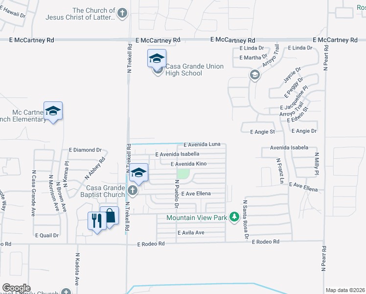 map of restaurants, bars, coffee shops, grocery stores, and more near 1201 East Avenida Luna in Casa Grande