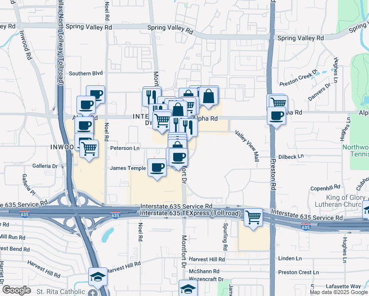 map of restaurants, bars, coffee shops, grocery stores, and more near Montfort Dr & Peterson Ln in Dallas