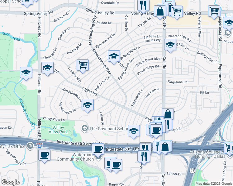 map of restaurants, bars, coffee shops, grocery stores, and more near 13437 Purple Sage Road in Dallas