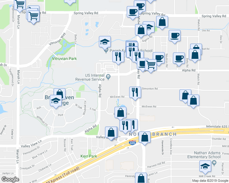 map of restaurants, bars, coffee shops, grocery stores, and more near 4099 McEwen Road in Farmers Branch