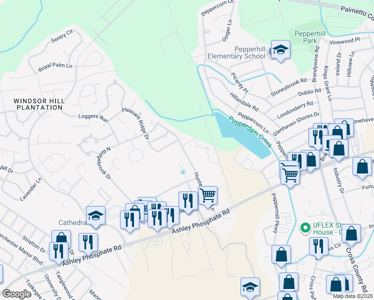 map of restaurants, bars, coffee shops, grocery stores, and more near 7635 Sandlapper Parkway in North Charleston