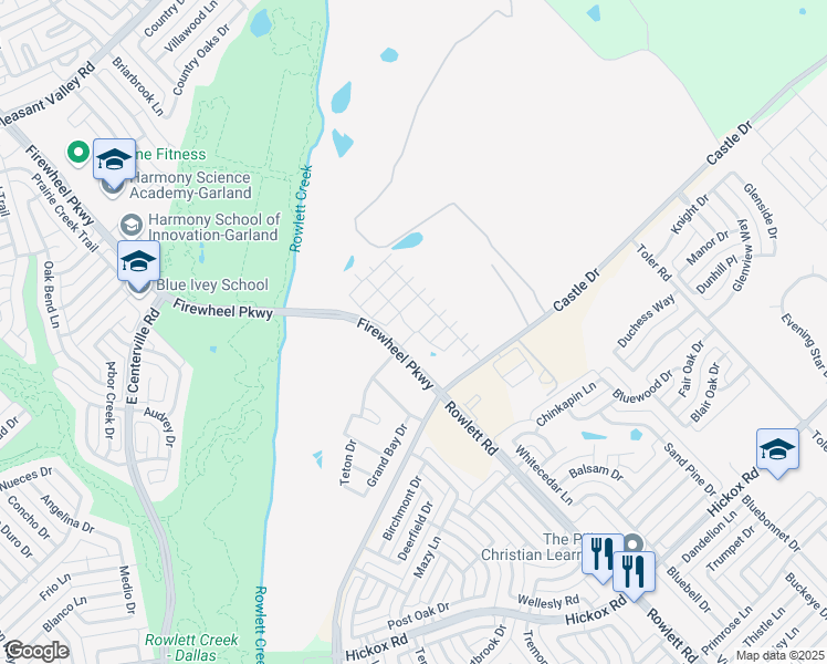 map of restaurants, bars, coffee shops, grocery stores, and more near 2900 Castle Drive in Rowlett