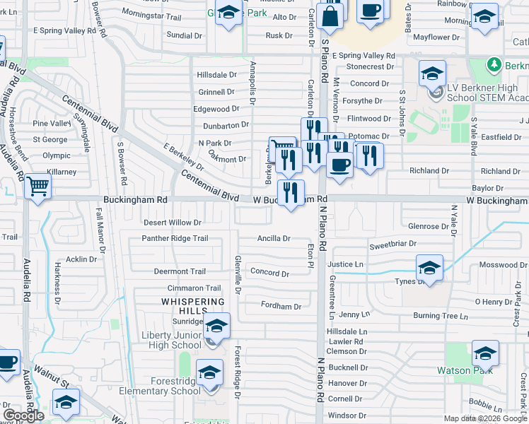 map of restaurants, bars, coffee shops, grocery stores, and more near 4605 Place One Drive in Garland