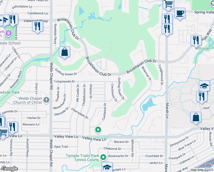 map of restaurants, bars, coffee shops, grocery stores, and more near 3336 Longmeade Drive in Farmers Branch