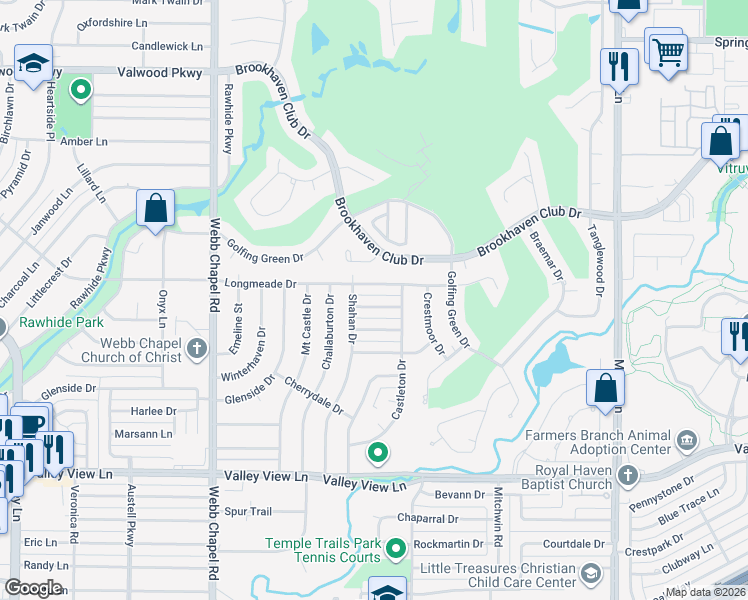 map of restaurants, bars, coffee shops, grocery stores, and more near 3306 Longmeade Drive in Farmers Branch