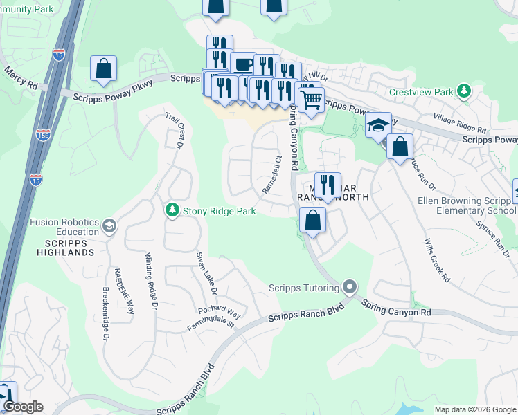 map of restaurants, bars, coffee shops, grocery stores, and more near 11686 Ramsdell Court in San Diego