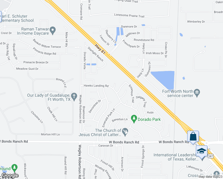 map of restaurants, bars, coffee shops, grocery stores, and more near 11053 Hawks Landing Road in Haslet