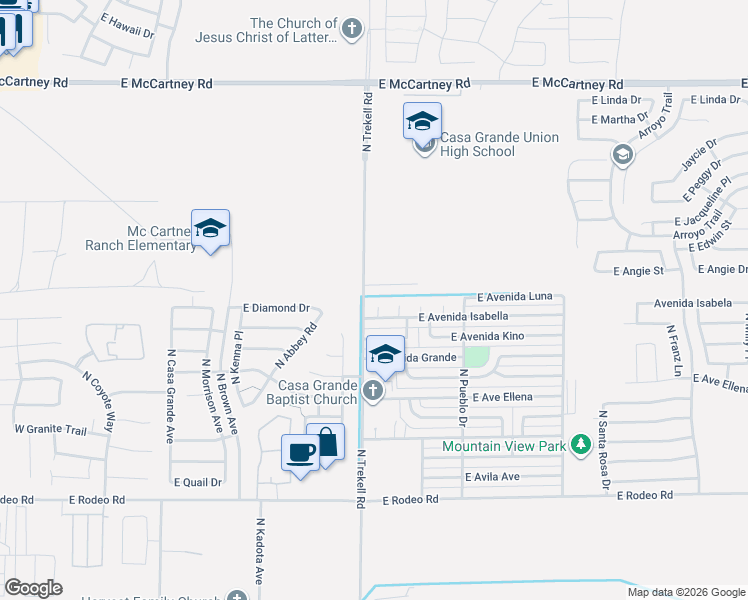 map of restaurants, bars, coffee shops, grocery stores, and more near 1110 East Avenue Isabela in Casa Grande