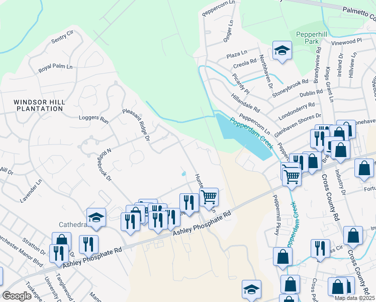 map of restaurants, bars, coffee shops, grocery stores, and more near 7635 Sandlapper Parkway in North Charleston