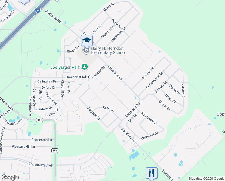 map of restaurants, bars, coffee shops, grocery stores, and more near 295 North Krider Road in Royse City