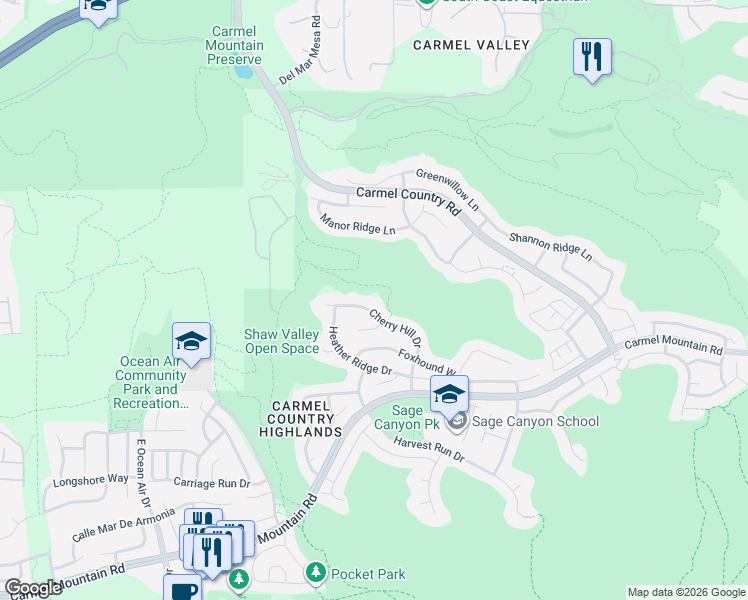map of restaurants, bars, coffee shops, grocery stores, and more near 10785 Cherry Hill Drive in San Diego