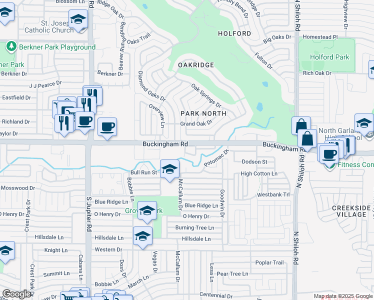 map of restaurants, bars, coffee shops, grocery stores, and more near 3013 Waterfront Circle in Garland
