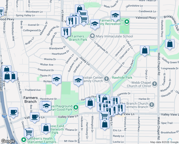 map of restaurants, bars, coffee shops, grocery stores, and more near 13666 Pyramid Drive in Farmers Branch