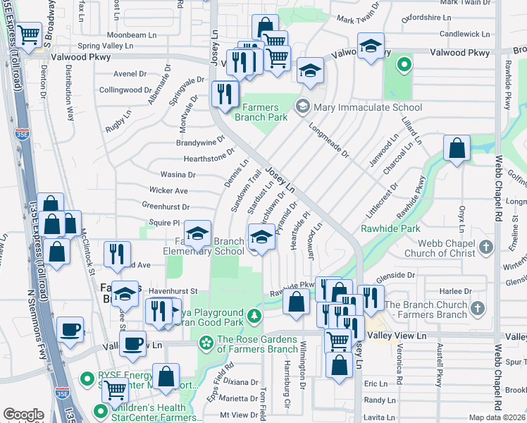 map of restaurants, bars, coffee shops, grocery stores, and more near 13601 Stardust Lane in Farmers Branch