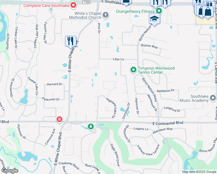 map of restaurants, bars, coffee shops, grocery stores, and more near 365 Silverwood Circle in Southlake