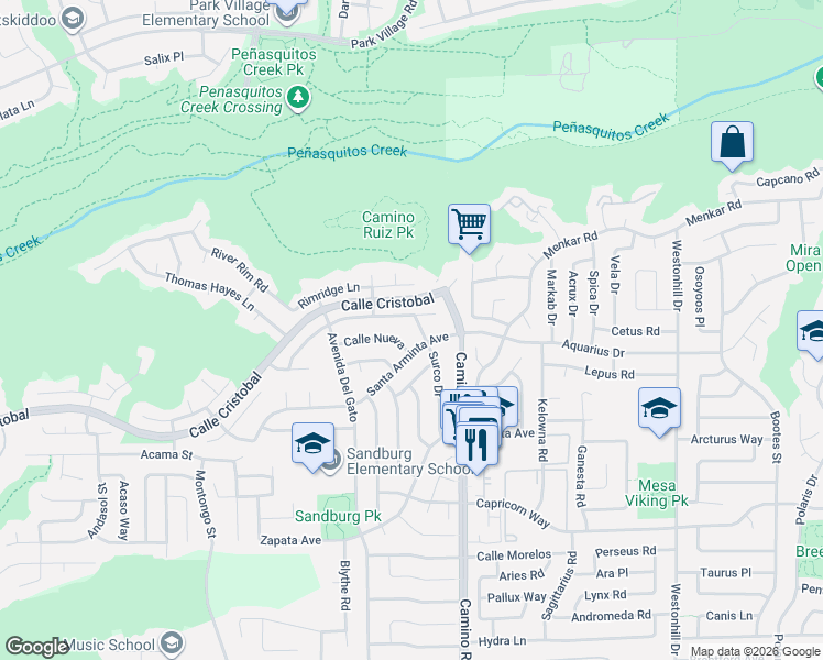 map of restaurants, bars, coffee shops, grocery stores, and more near 8409 Torrell Way in San Diego