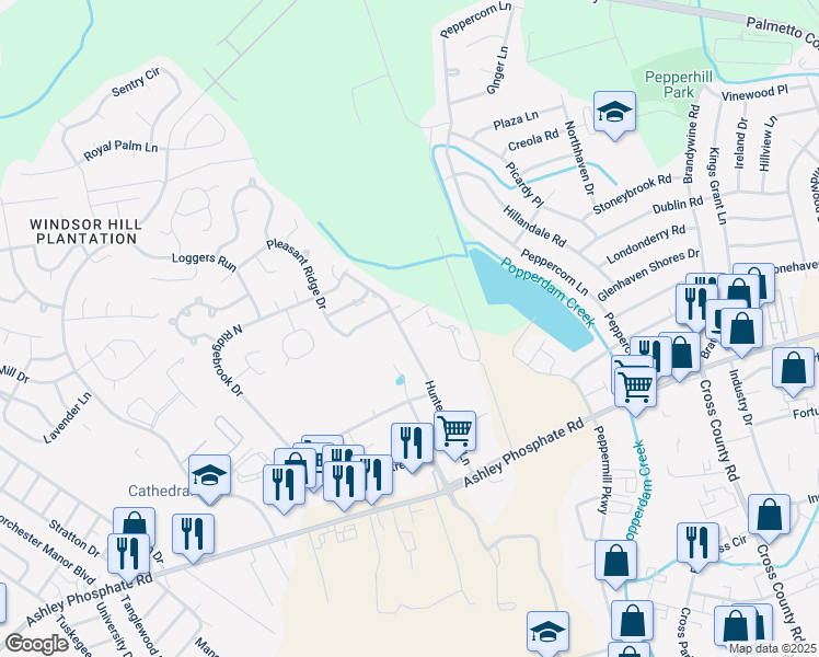 map of restaurants, bars, coffee shops, grocery stores, and more near 7635 Sandlapper Parkway in North Charleston