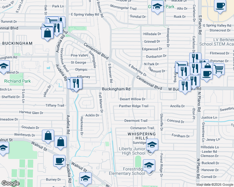 map of restaurants, bars, coffee shops, grocery stores, and more near East Buckingham Road in Dallas