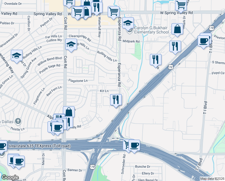 map of restaurants, bars, coffee shops, grocery stores, and more near 13555 Kit Lane in Dallas