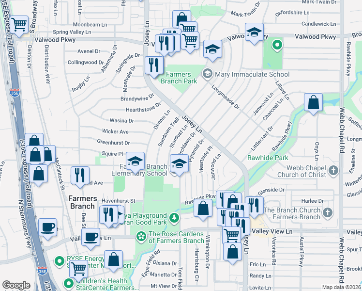 map of restaurants, bars, coffee shops, grocery stores, and more near 13601 Stardust Lane in Farmers Branch