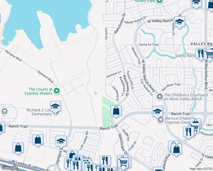 map of restaurants, bars, coffee shops, grocery stores, and more near 9123 Jasmine Lane in Irving