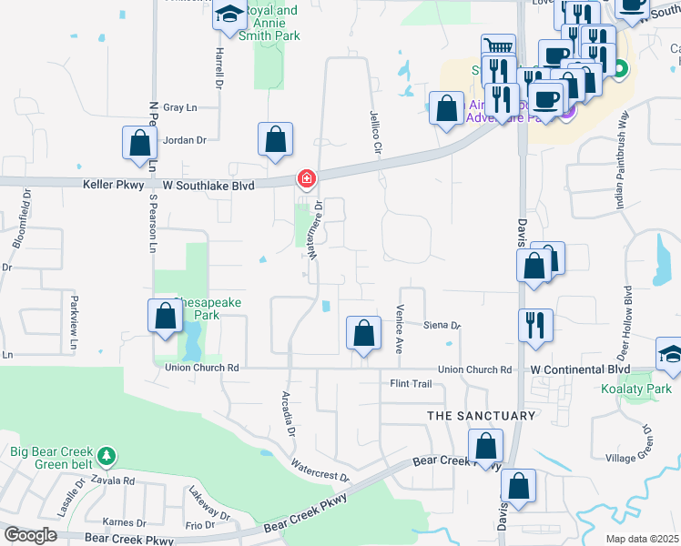 map of restaurants, bars, coffee shops, grocery stores, and more near 333 Watermere Drive in Southlake