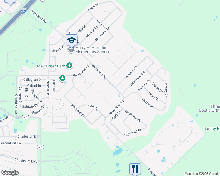 map of restaurants, bars, coffee shops, grocery stores, and more near 1108 Blackland Road in Royse City