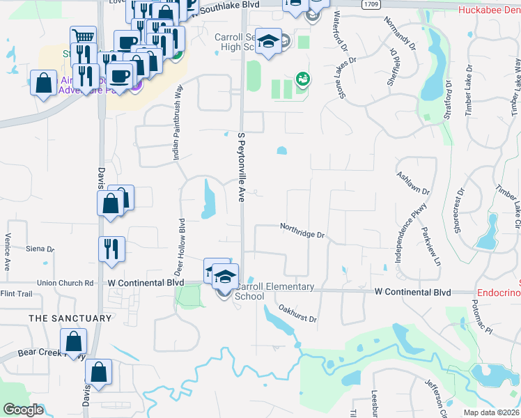 map of restaurants, bars, coffee shops, grocery stores, and more near 823 South Peytonville Avenue in Southlake