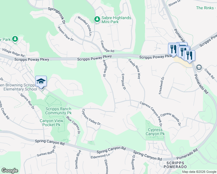 map of restaurants, bars, coffee shops, grocery stores, and more near 11650 Angelique Street in San Diego