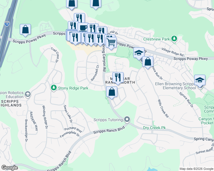map of restaurants, bars, coffee shops, grocery stores, and more near 10919 Caminito Arcada in San Diego