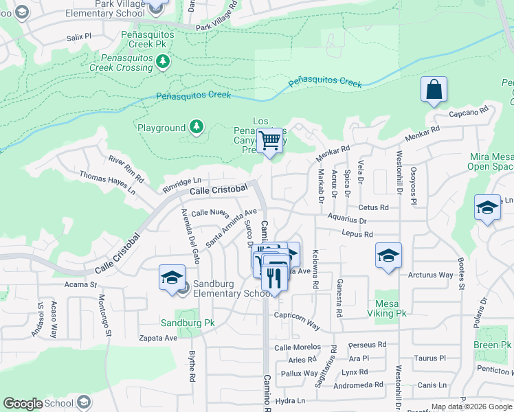 map of restaurants, bars, coffee shops, grocery stores, and more near 11750 Jonny Lane in San Diego