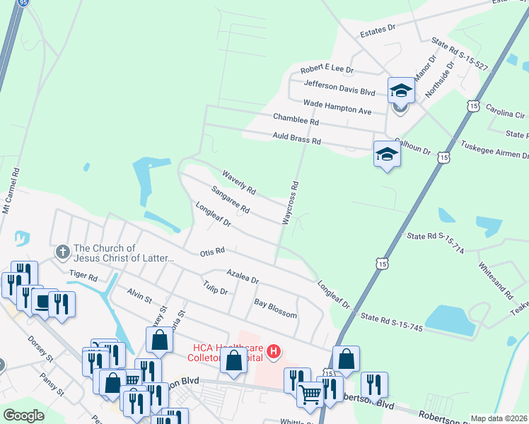 map of restaurants, bars, coffee shops, grocery stores, and more near 82 Sangaree Road in Walterboro
